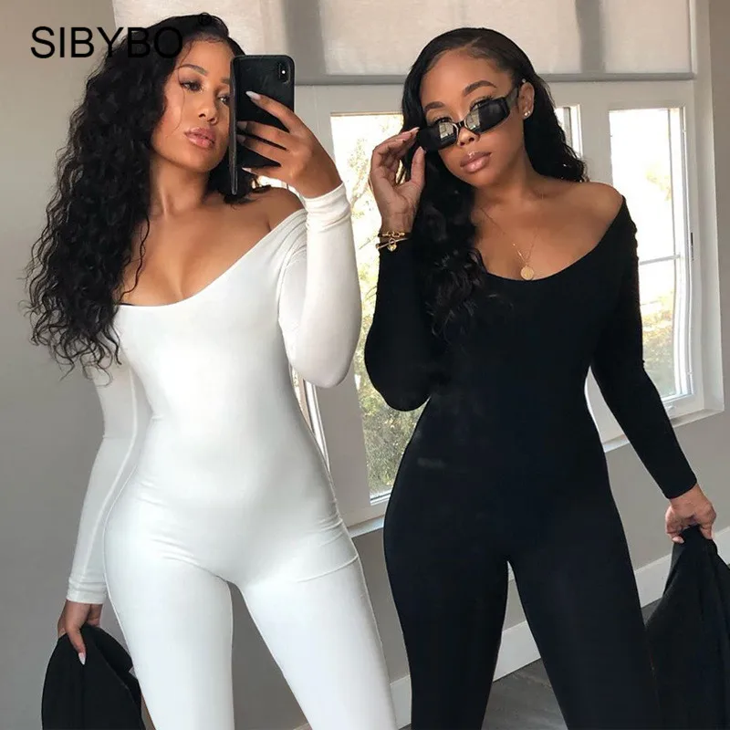 Sibybo Fall Winter Long Sleeve Jumpsuit Women V Neck Bodycon Rompers Womens Jumpsuit Black Casual Fitness Streetwear Overalls