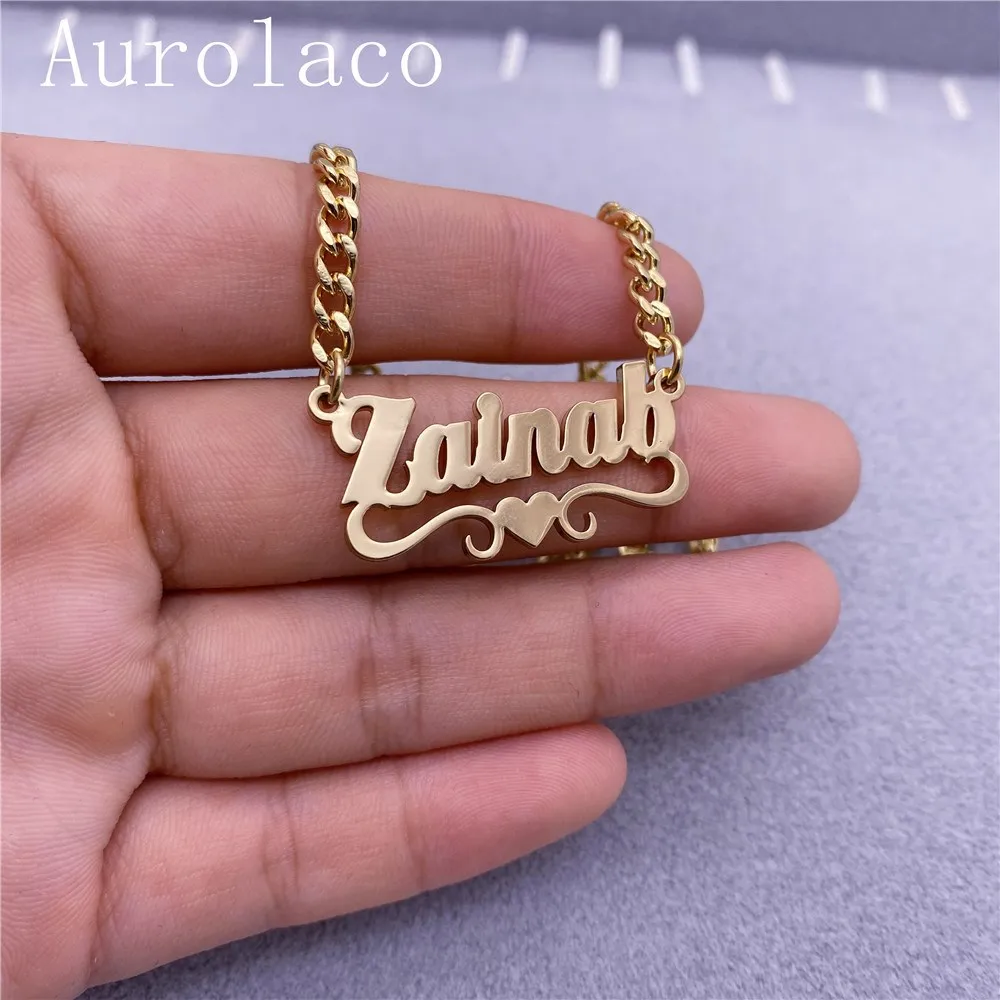 AurolaCo Custom Name Necklace With Heart Stainless Steel Cuban Chain Necklace Custom Letter Choker Necklace For Women