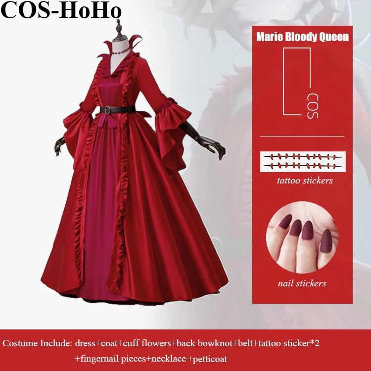 COS-HoHo Anime Identity V Marie Bloody Queen European Style Red Dress Uniform Cosplay Costume Halloween Role Play Suit For Women