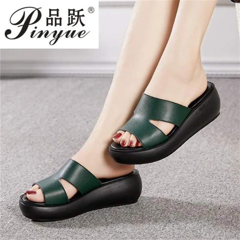 Women Slippers Summer Casual Shoes Genuine Leather Wedges Platform Slippers Women Sandals High Heel Slides