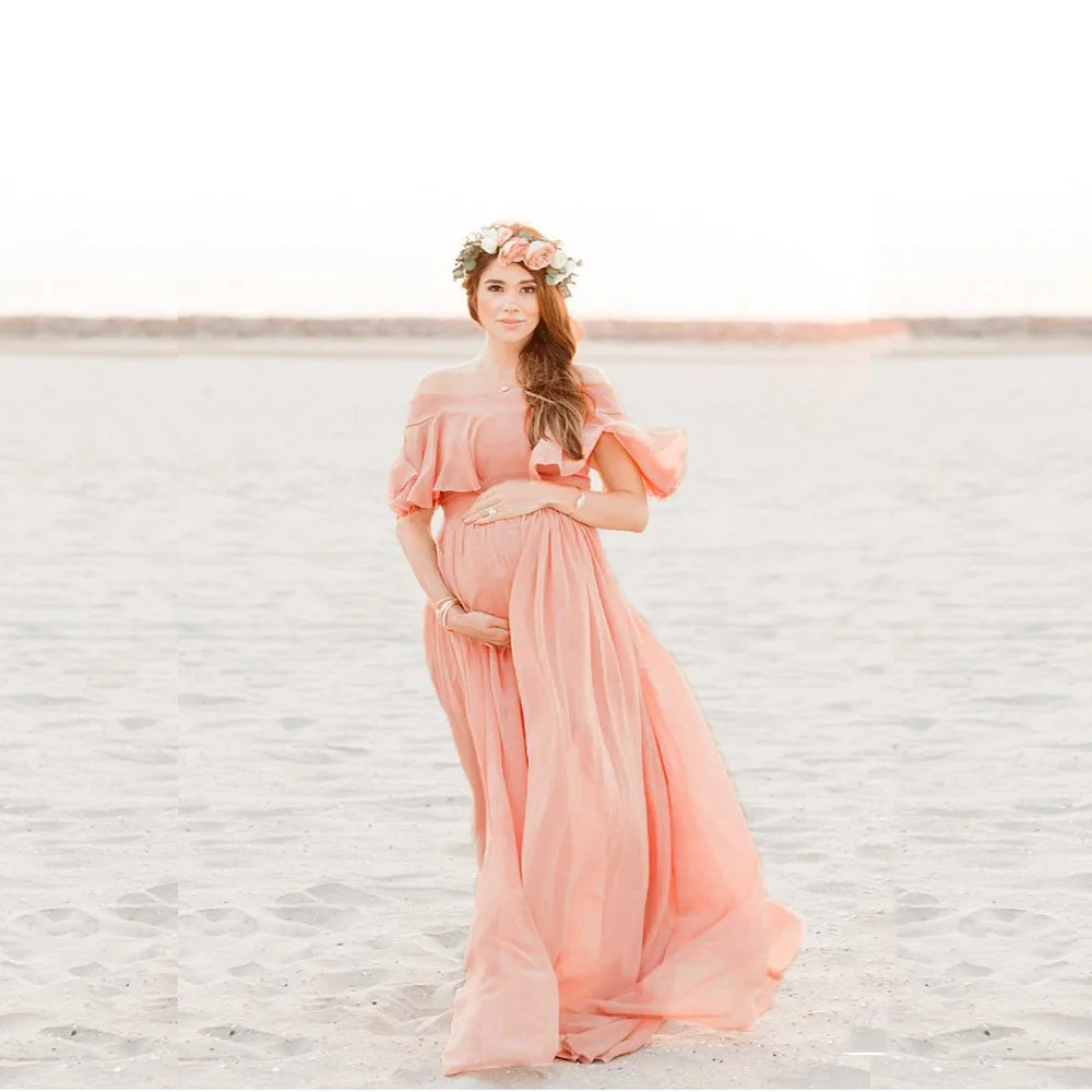 Maternity's Off Shoulder Chiffon Gown Maxi Long Photography Dress Pregnant  Clothes Beach Fancy Pregnancy Photo Props Shoot