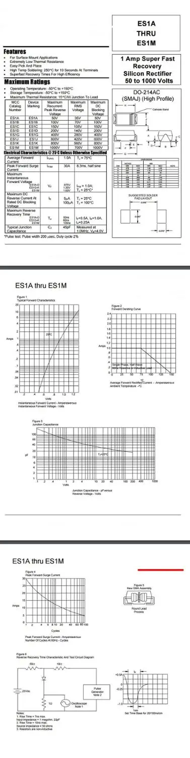 ES1A ES1B ES1D ES1G ES1J ES1K ES1M 1A 50V 100V 200V 400V 600V 800V 1000V SMA DO-214AC Super Fast Rectifiers