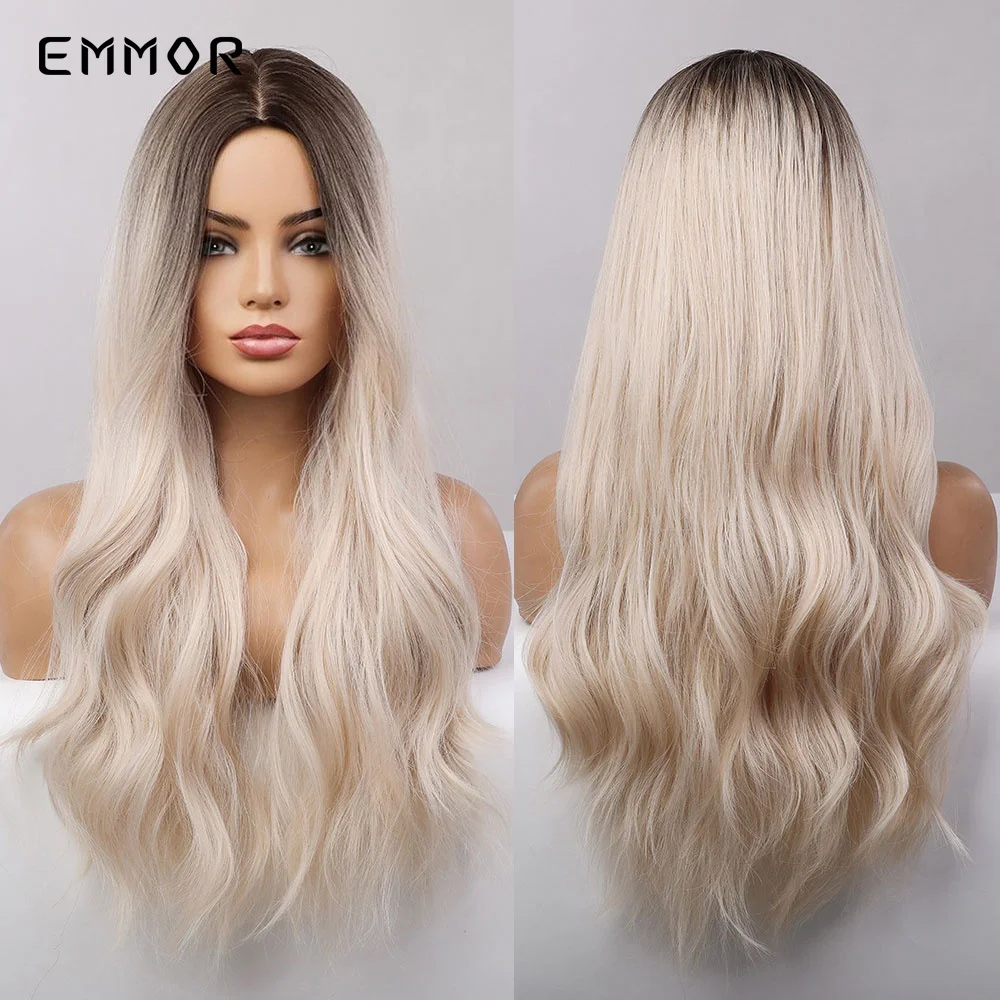 

Emmor Synthetic Light Blonde Wigs for White Women Long Wave Wig Platinum Fake Hair for Party/Daily Heat Resistant Fibre Wigs