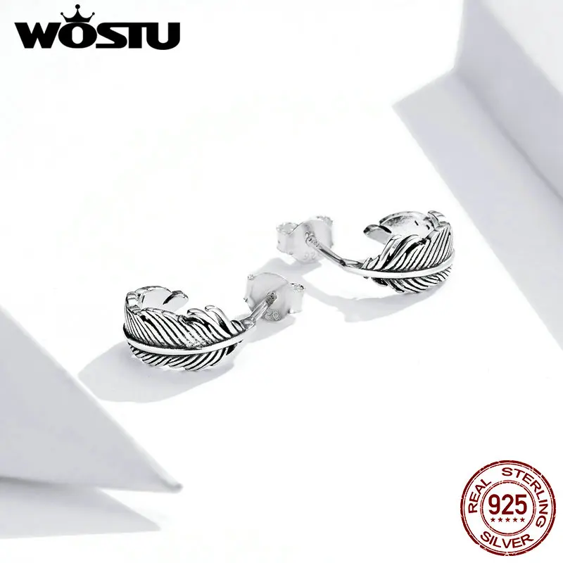 WOSTU-pendientes de tuerca de pluma Retro para mujer, de Plata de Ley 925 auténtica, joyería clásica de boda, CQE923