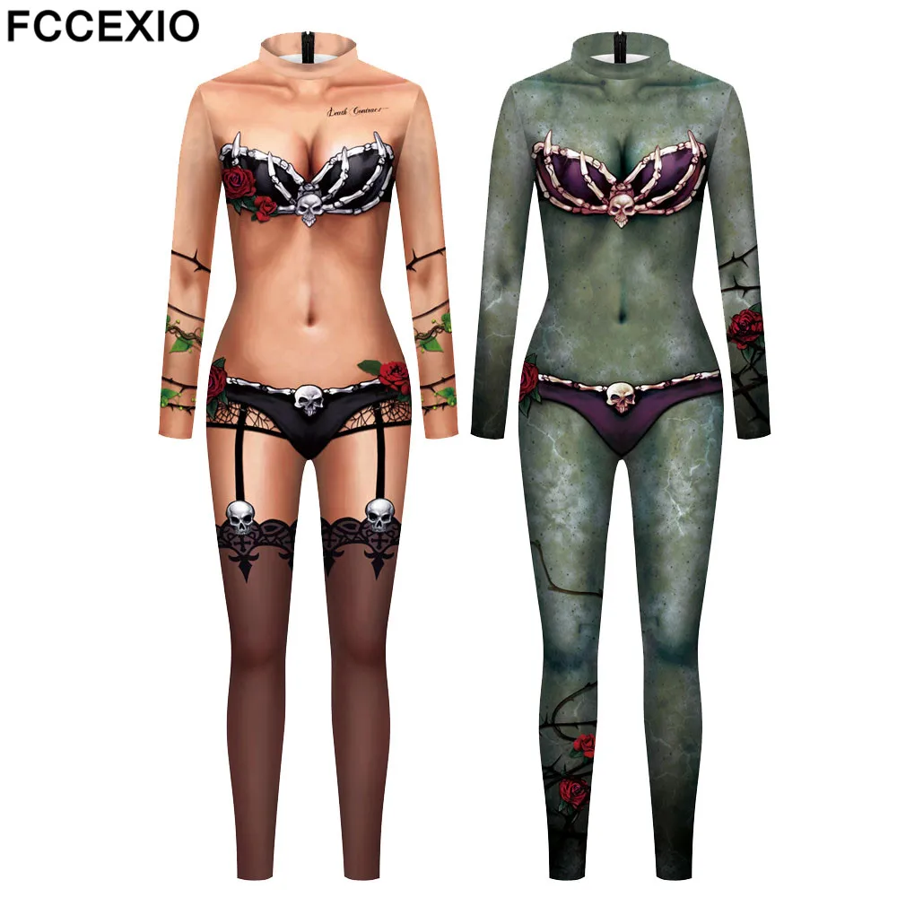 

FCCEXIO 2 Colors Halloween Party Series Cosplay 3D Print Skull Head Costume Fancy Women Jumpsuit Long Sleeve Jumpsuit