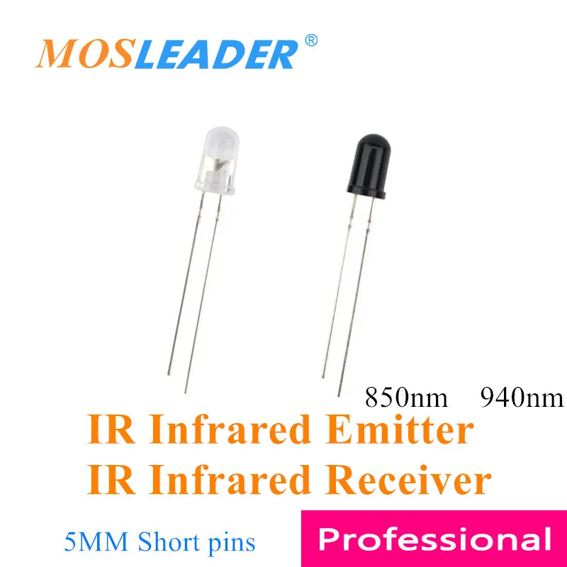 Mosleader 1000pcs 5mm 850nm 940nm LEDs IR Infrared Emitter and IR Infrared Receiver diodes Transparent Black Short pins Round