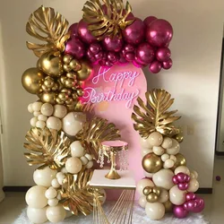 Red Gold Sand White Balloons Arch Garland Kit Metal Magenta Balloons Plam Leaves Balloon Arch Wedding Birthday Party Decor