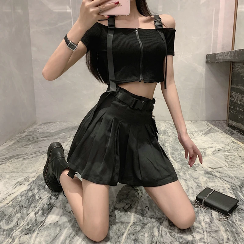 Gothic High Waist Belt Pleated Mini Skirt Women 2021 Fashion Streetwear Korean Womens Hip Hop Cargo Punk Sexy Skirts