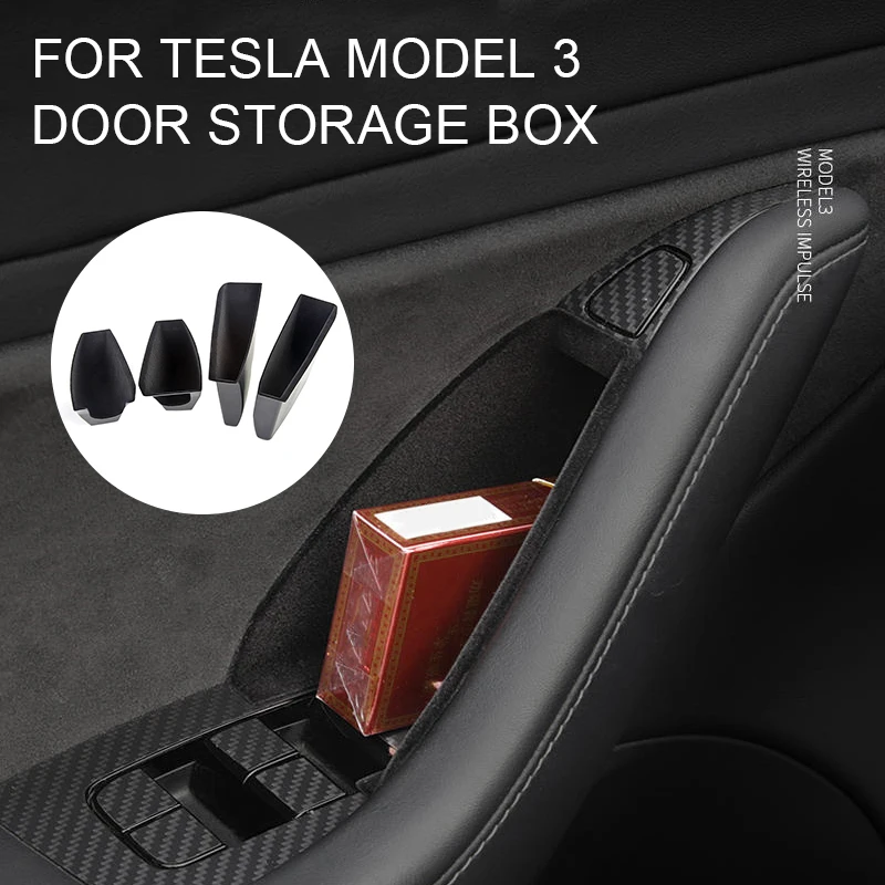 For Tesla Model 3 2021 2022 4PCS Car Door Storage Organizer Side Armrest Holder Box Handle Container Hidden Tray Flocking/ABS