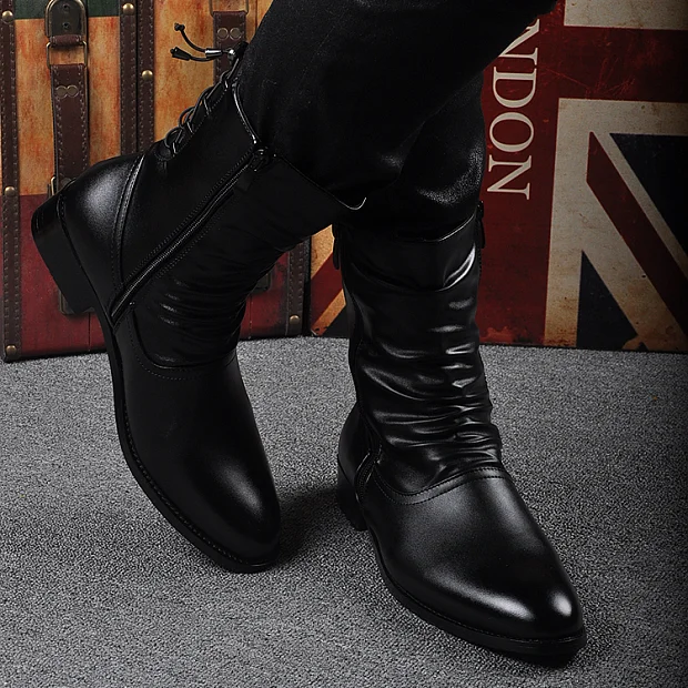 Idopy New Spring Autumn Men Pointed Toe Lace Faux Leather Boots Male Punk Leather High Heels Shoes Zipper Booties