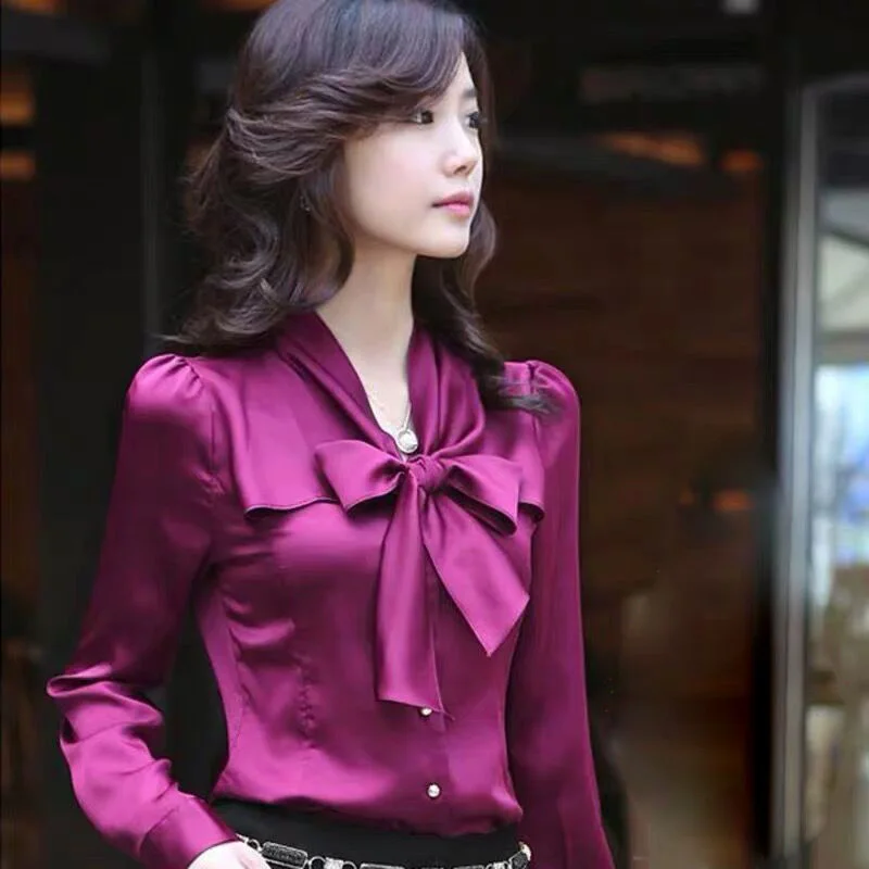 Elegant Fashion Satin Bow Shirts Women\'s Clothing 2022 Spring New Korean V-Neck All-match Office Lady Commuter Woman Blouses 5XL