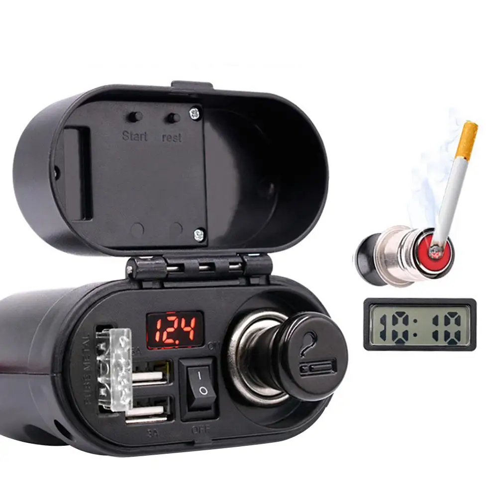 Motorcycle 12V Dual USB Quick Charger Handlebar Rearview Mirror mount  Cigarette- Lighter Voltmeter Digital Clock for smartphone