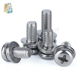 Tornillo de cabeza sartén empotrada cruzada con arandela, acero inoxidable, M2, M3, M4, M5, M6, M8, tornillo de sems de máquina de tres combinaciones, 5/50 piezas