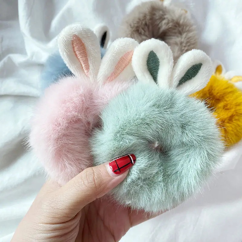 Candy Color Women Fluffy Hair Rings Scrunchie Imitation Rabbit Fur Rabbit Ears Elastic Hair Bands Ties Headwear Hair Accessories