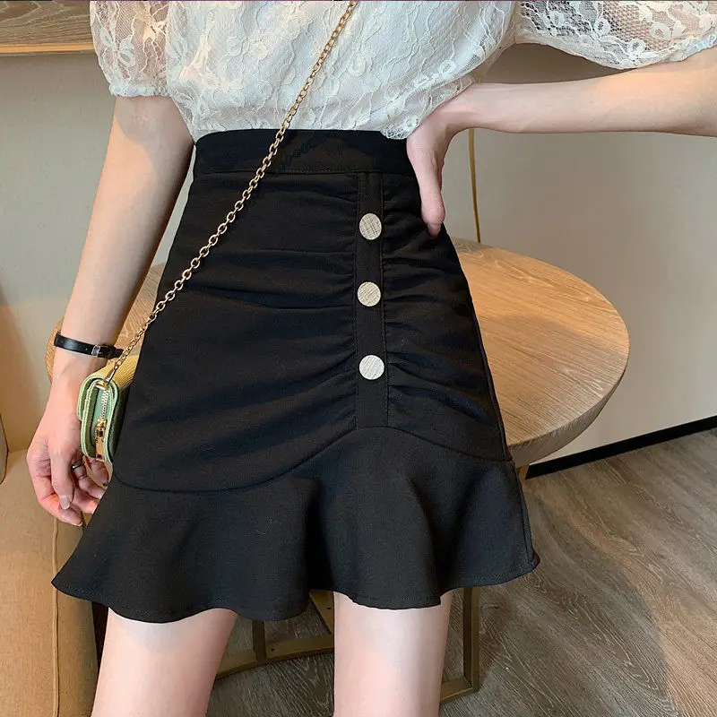 Skirts Women Folds Slim Summer Design Elegant Retro Chic Feminine Pure Color Leisure Ulzzang All-match Sexy Holiday Trumpet Ins