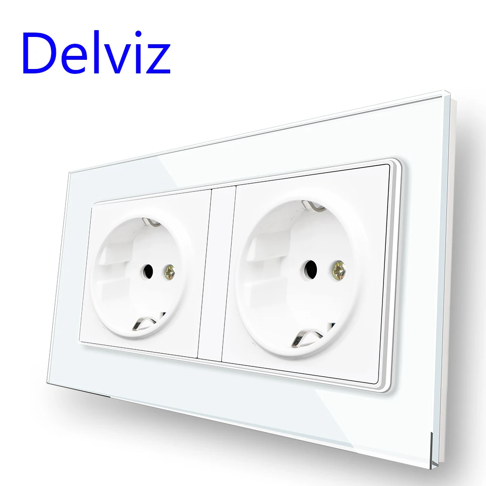 Delviz 16A EU standard Socket, AC 110V~250V Double Outlet, 146mm*86mm Tempered Crystal Glass Panel, Wall Embedded Power Socket