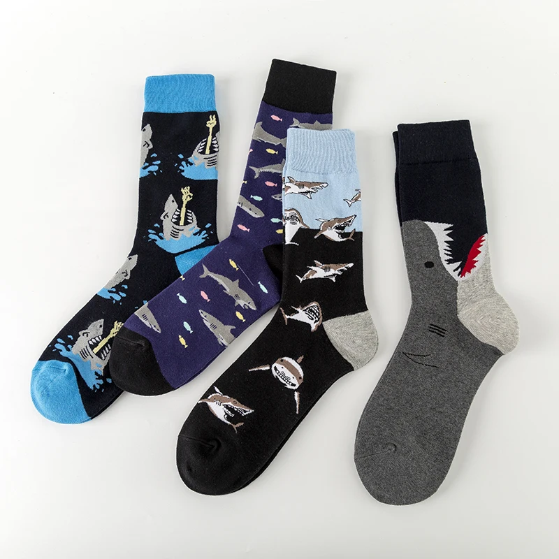 MODA MULAYA Happy Socks Men/Women New Shark Theme Big Shark Fish Group Outdoor Leisure Sports Entertainment Funny Socks Trendy