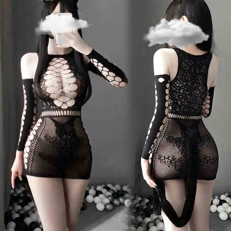 

Sexy Lingerie Prismatic Hollow Out Breast Charm Small Wild Cat Net Dress Skirt Plush Long Tail Suit Sexy Stockings Cosplay Hot