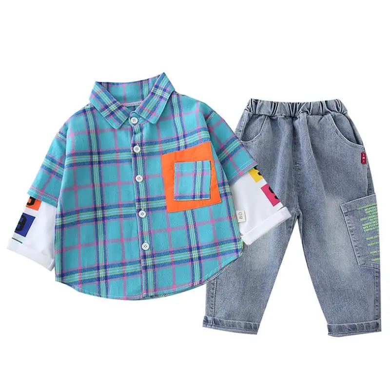 2020 New Style Foreign Trade BOY'S Spring and Autumn Set Plaid Shirt + Jeans Set Boys Clothes 0-5Y Manufacturers Direct Selling