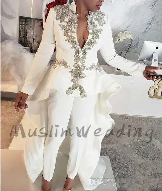 Jumpsuit White Pant Outfit Evening Dresses Sexy V Neck Appliques Black Girls Plus Size Prom Dress With Long Sleeve Customized