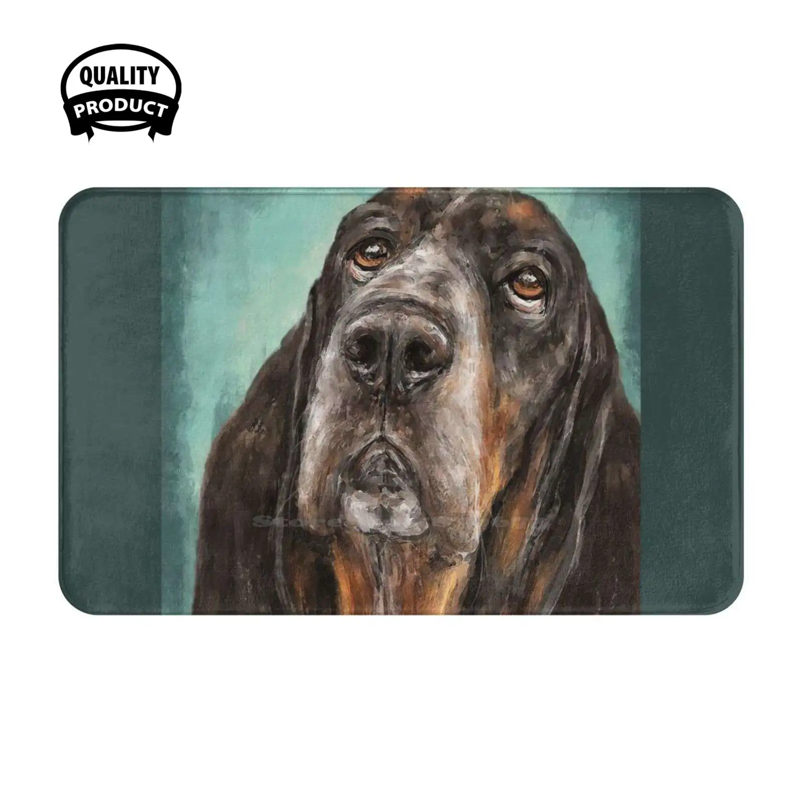 Painting Of A Basset Hound Dog Looking Up Turquoise Background Soft Cushion Home Carpet Door Mat Car Rug Basset Hound Hound Dog