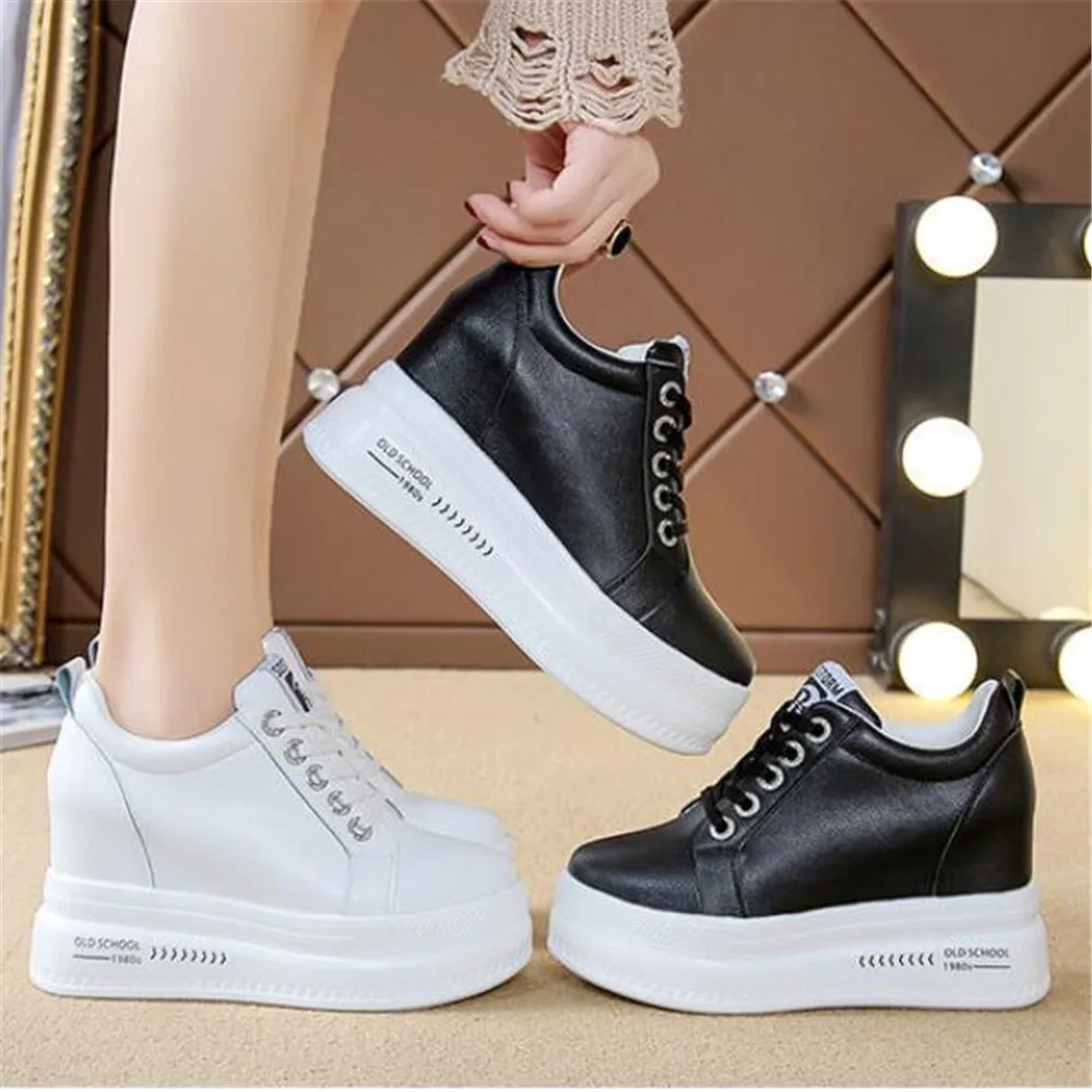 

New Women Leather Platform Sneakers Spring Fashion Trainers 8CM High Heels Wedge Outdoor Casual Sport Shoes White Black Eu 34-40