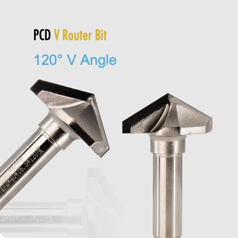 CNC Router Bit V Groove 120 Degrees PCD Carbide Cutting 1/2 Shank for Chamfer End Mill Engraving Woodworking Solid Wood Plywood