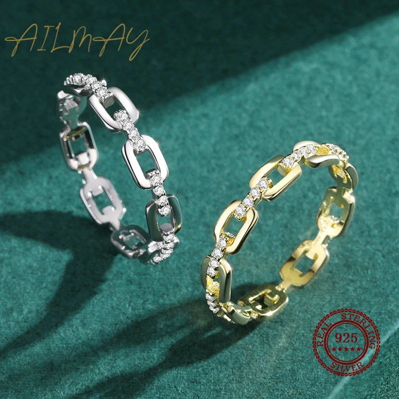 Ailmay-Real 925 Sterling Silver Anel de Dedo para Mulheres, Zircão Transparente, Cor Dourada, Acessórios de Festa, Jóias para Meninas, Moda