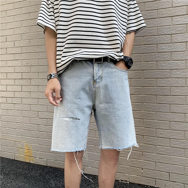 Men Casual Shorts Denim Male Trousers Ripped Hole Fur-lined Solid Ulzzang Fashion All-match Holiday Daily 3XL Hot Selling Summer