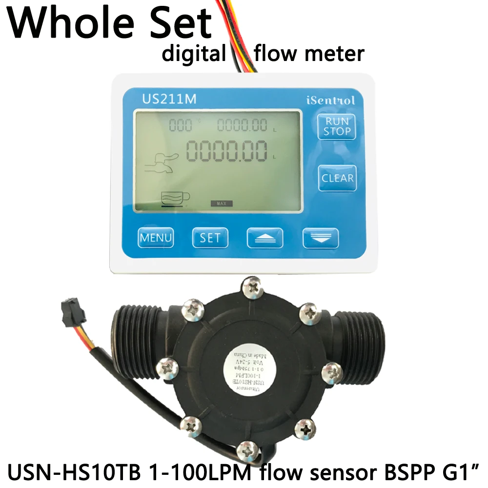 US211M Digital Flow Sensor Meter USN-HS10TB PA66 Nylon and Fibre Glass Hall Flow Sensor Measurement 1-100L/min BSPP G1