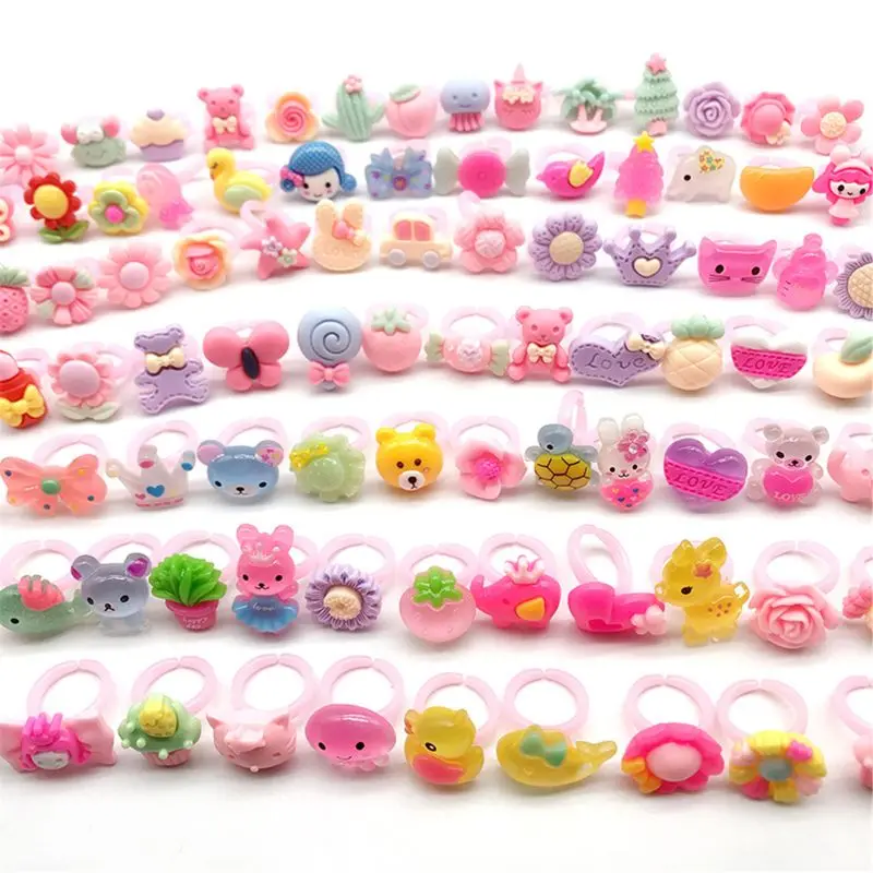 10PCS Children Cartoon Pretend Play Rings Candy Flower Animal Shape Ring Mix Finger Fashion Beauty Jewellery Girl Cosplay Toys