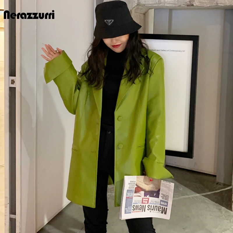 Nerazzurri Autumn Oversized Bright Soft Colored Faux Leather Blazer Jacket Women Long Sleeve Loose Stylish Korean Fashion 2021