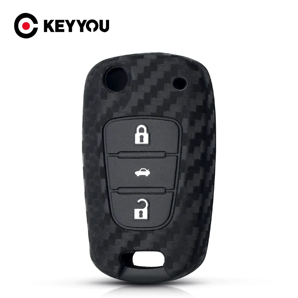 KEYYOU Carbon Fiber Silicone Car Key Case Flip For Hyundai I30 IX35 For Kia K2 K5 Fob 3 Buttons Car Keys Blank Protector Cover