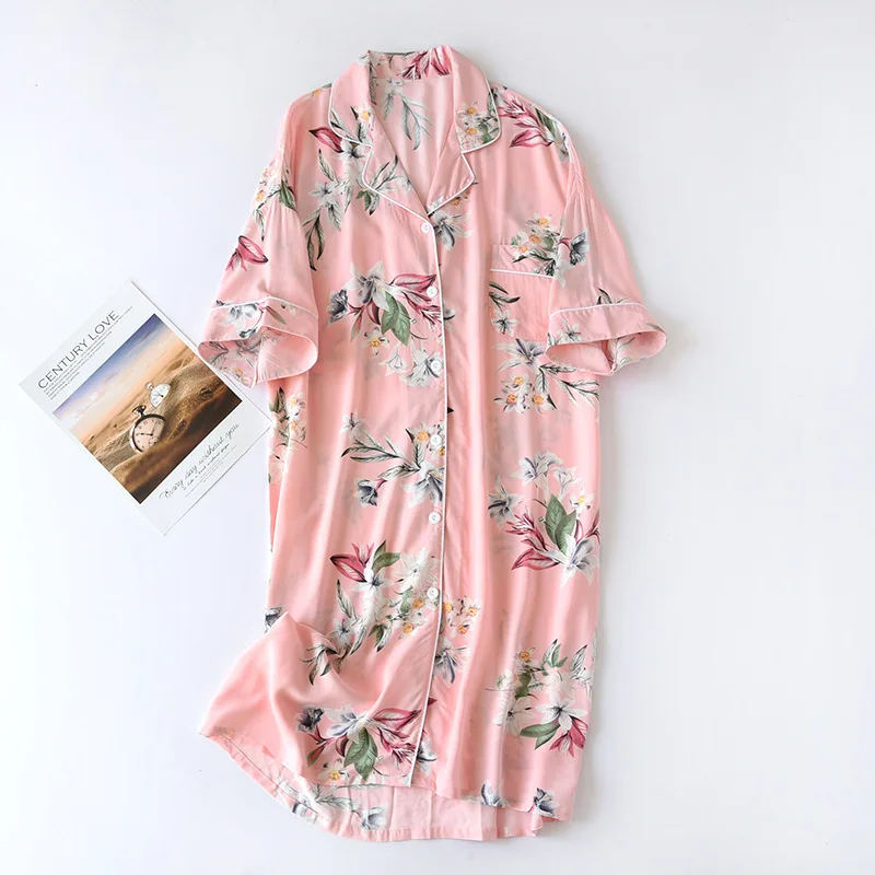 Summer Autumn Casual Nights Women Short Sleeve Flower Nightgown Loose Sleep Shirt 100% Viscose Sleepwear for Women Nightdress