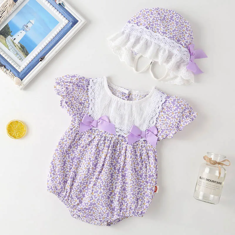 Lace Stitching Flower Printing Bodysuits+Hat Summer Infant Baby Girls Jumpsuit Cotton Short Sleeve Baby Girls Clothes