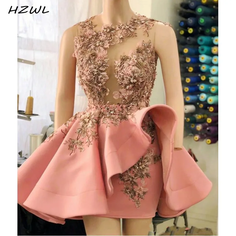 Robe de Cocktail courte rose Blush, à volants, avec des Appliques florales 3D, perlée, col transparent, effet d'illusion, robe de bal