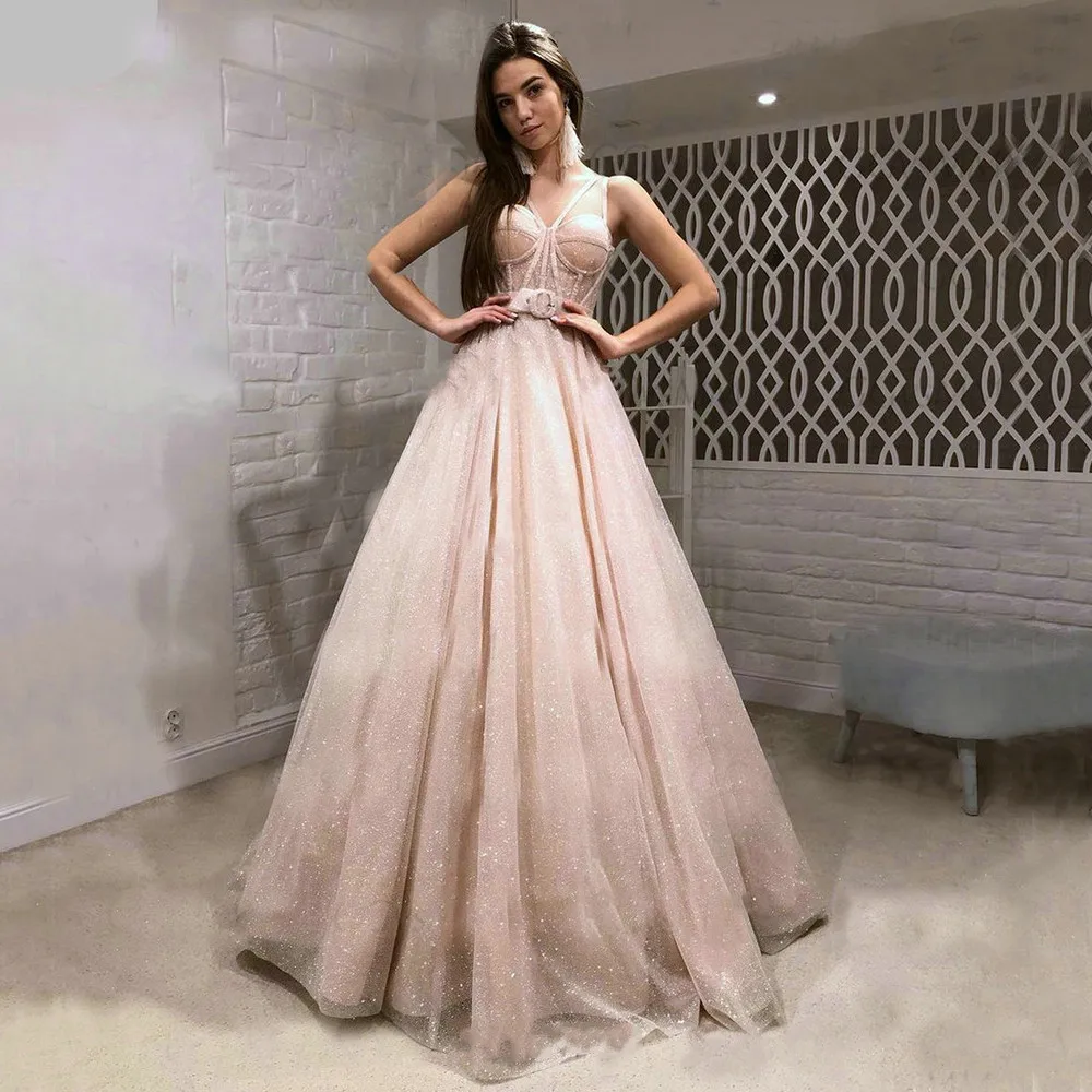 

Glamorous Sparkling Blush Pink Sleeveless Prom Dresses V- neck Spaghetti Straps Long Tulle Corset Pleated Evening Party Dress