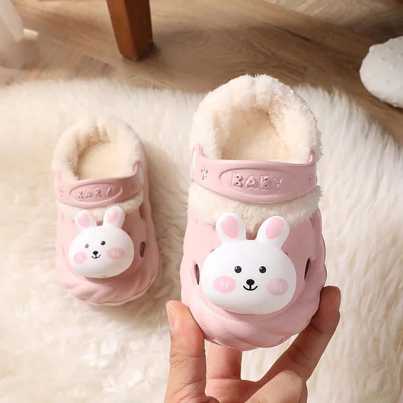 0-6y Kids Mules & Clogs Winter Boys Girls Sandals Flat Rabbit Cartoon Cute Beach Slippers Add Wool Children Garden Shoes Hc18