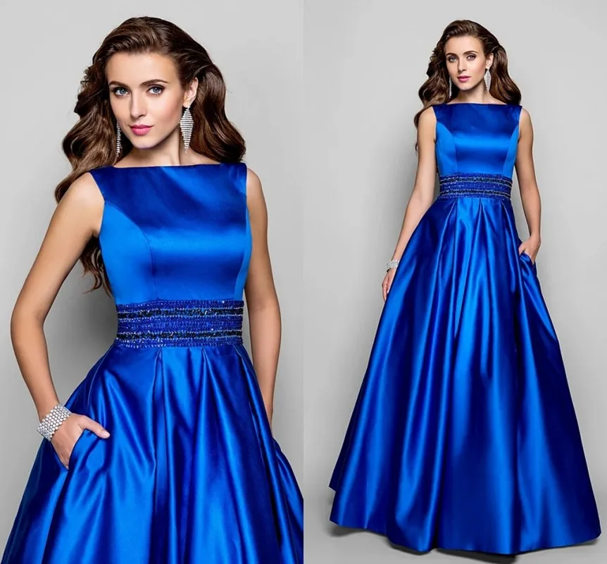 Elegante königsblaue formale Abendkleid Boots hals ärmellose Perlen boden lange Satin Abschluss ball Party kleider vestidos de fieast