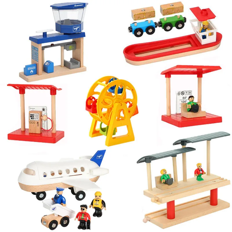 Wooden Train Track Accessories Airplane Airport Wood Double Platform Rail Car Tracks Toys For Children Gift