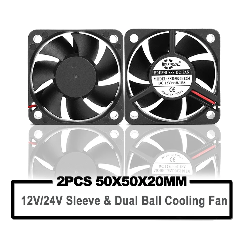 

2Pcs SXDOOL 50mm mini cooling fan 5cm DC 12V 24V 2Pin 5020 50x50x20mm Dual Ball Bearing Sleeve Bearing Mini Cooler Cooling Fan