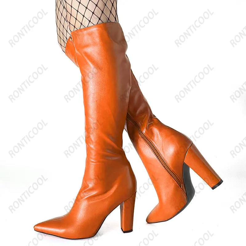 Ronticool New Women Winter Knee Boots Side Zipper Block Heels Pointed Toe Elegant Black White Office Shoes Plus US Size 5-15