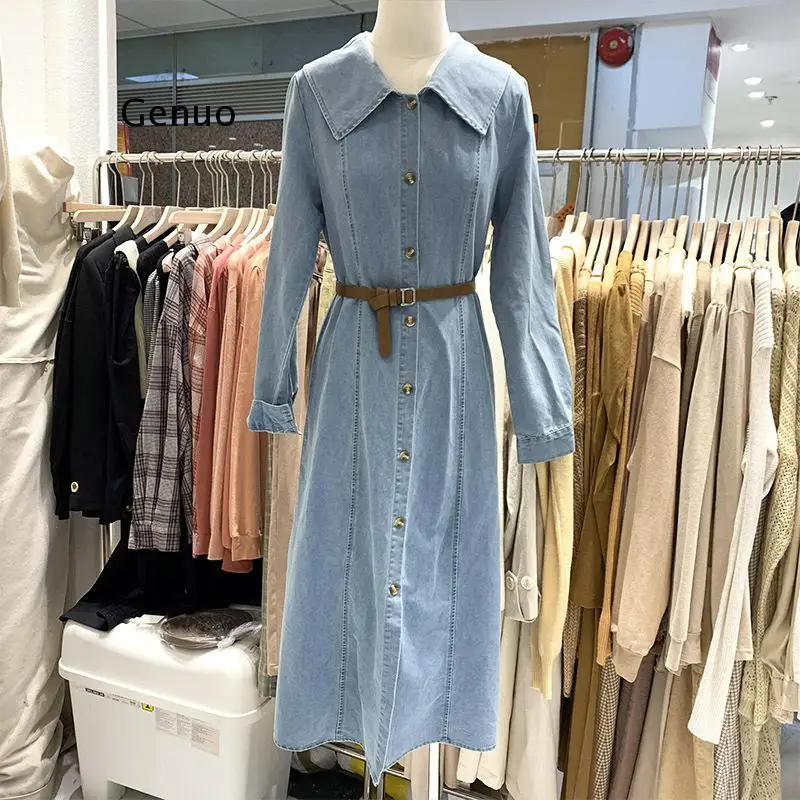 Autumn Winter Denim Dress 2021 Korean Long Sleeve Jeans Long Women Dress Female Streetwear Bodycon Shirt Dress Vestido De Mujer