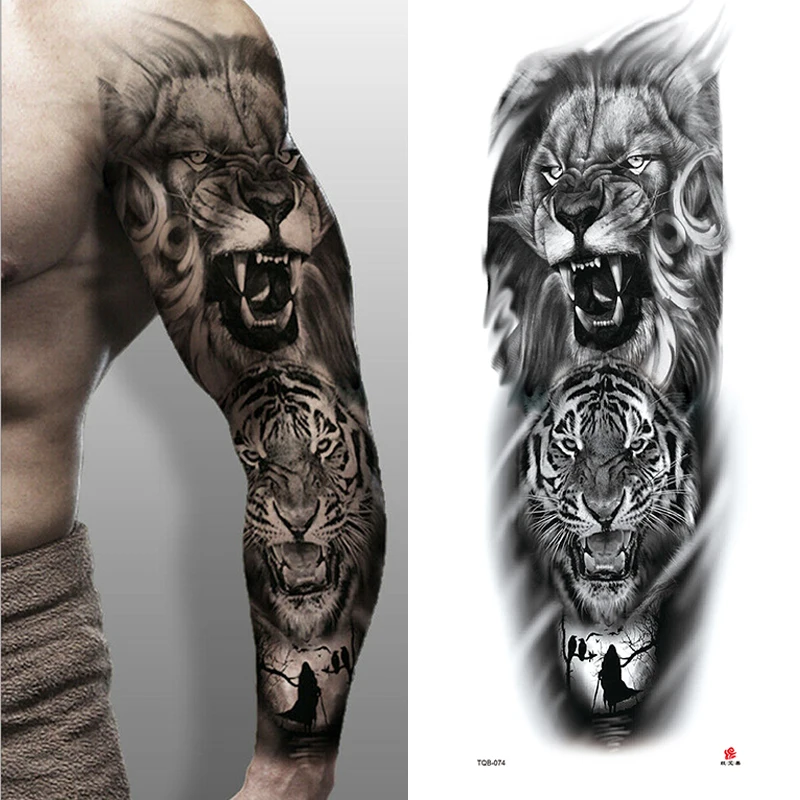 Large Arm Sleeve Lion Crown King Rose Waterproof Temporary Tattoo Sticker Fashion Wild Wolf Tiger Men Full Skull Totem Women