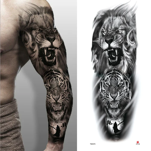 Imagen 2 del producto Manga de brazo grande, corona de León, rey, rosa, tatuaje temporal resistente al agua, pegatina, moda, lobo salvaje, tigre, hombres, tótem de calavera completa para mujeres