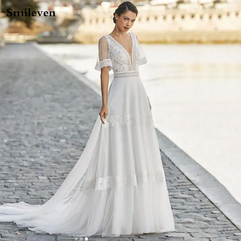 

Smileven Boho Wedding Dress Sexy V Neck Robe De Mariee Lace Bridal Dresses Vintage Lace Country Wedding Gowns