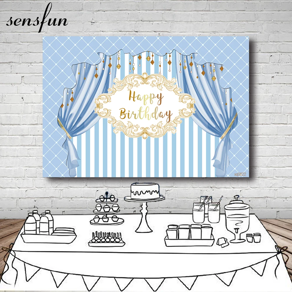 Sensfun Baby Shower Newborn Party Backdrops Blue Curtain Stripes Gold Frame Boys 1st Birthday Party Photography Backgrounds