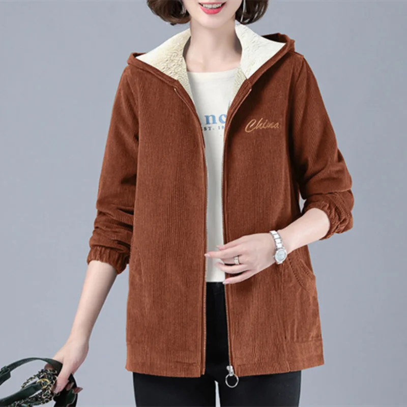 

Zoki Warm Women Corduroy Coat Winter Thick Vintage Plus Size Pocket Zipper Female Jacket Hooded Loose Long Sleeve Lady Clothes