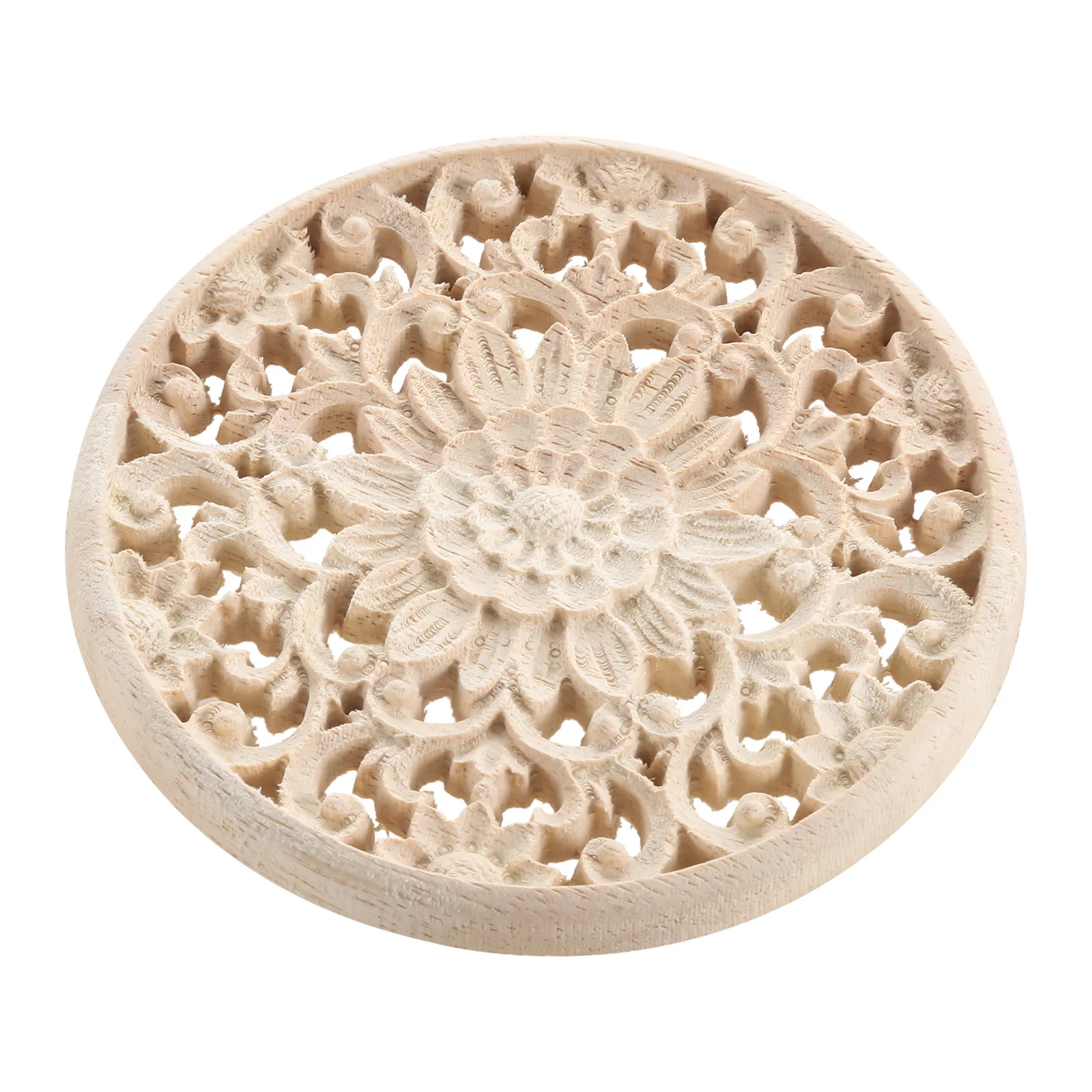 

1pc Round Wood Carved Flower Decal Door Heart Decor Unpainted Hollow Plant Onlay Furniture Vintage European Symmetrical 10cm