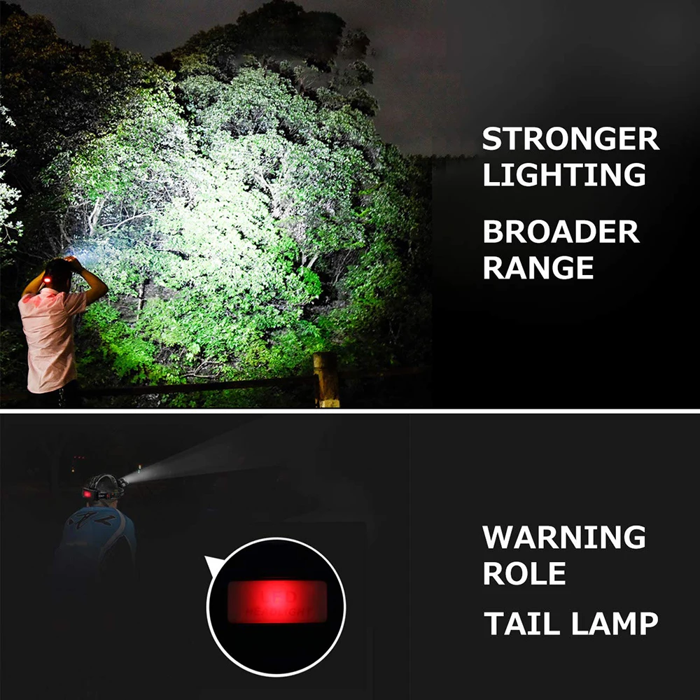 Faro LED COB superbrillante recargable por USB, linterna de pesca resistente al agua, lámpara roja trasera potente 18650, linterna de Camping